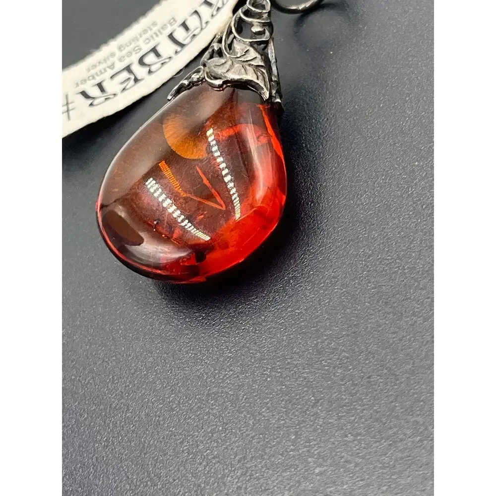 Genuine Dark Baltic Sea Amber Sterling Silver Teardrop Healing Stone Pendant‎